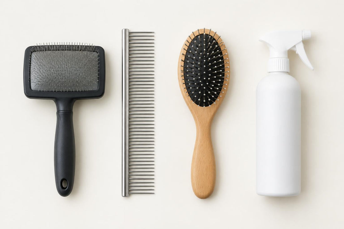 A slicker brush, a metal comb, a pin brush and a spray bottle laid out on a pale background.