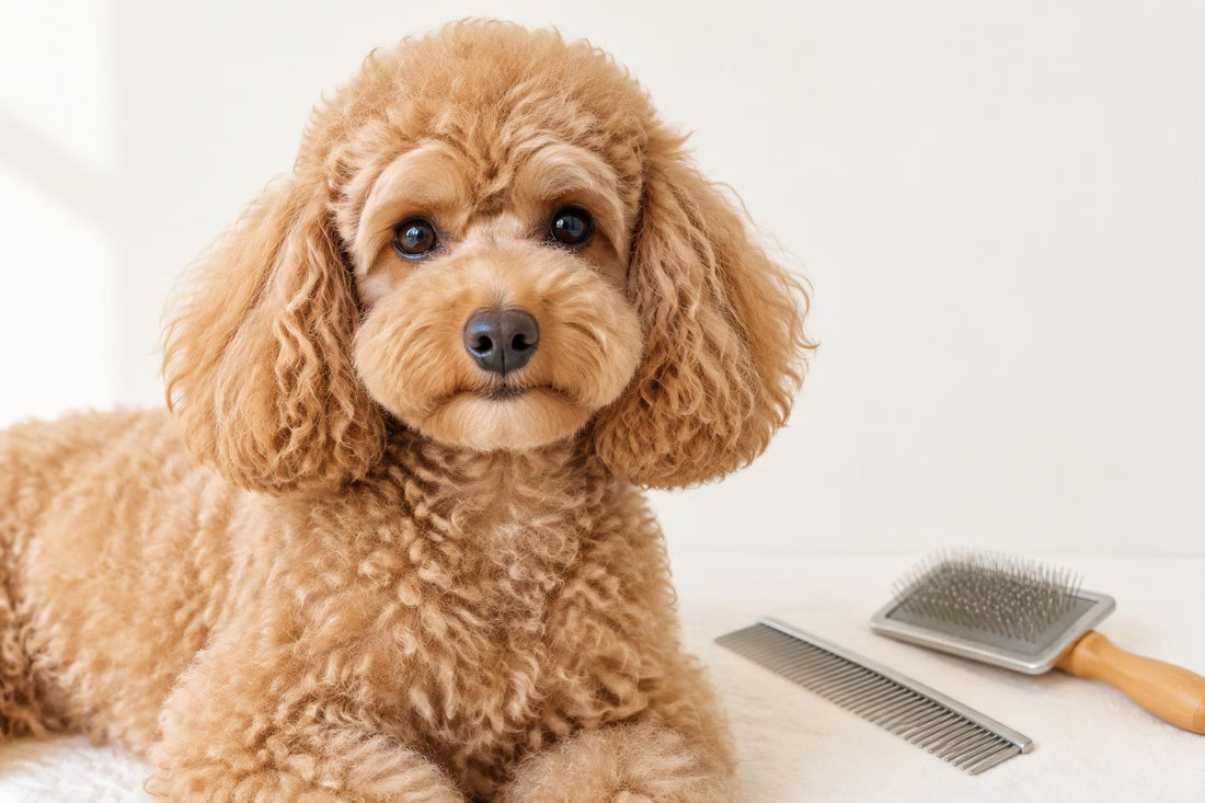 Apricot toy poodle with a curly, furnished coat next to a metal comb and a slicker brush.
