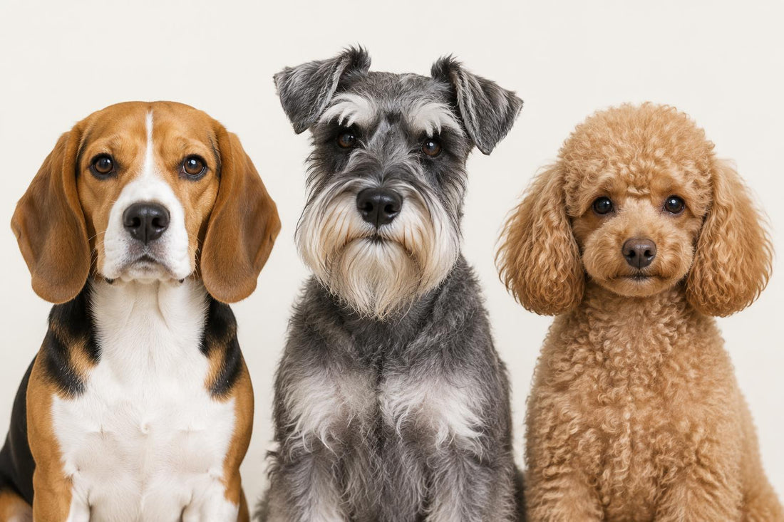 Three dogs side by side: a smooth-coated beagle, a bearded wire-haired schnauzer and a curly apricot toy poodle.
