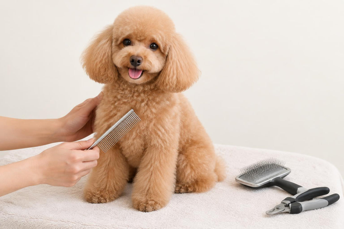 A calm apricot toy poodle on a grooming table with a groomer's hands, a comb and a slicker brush beside him.
