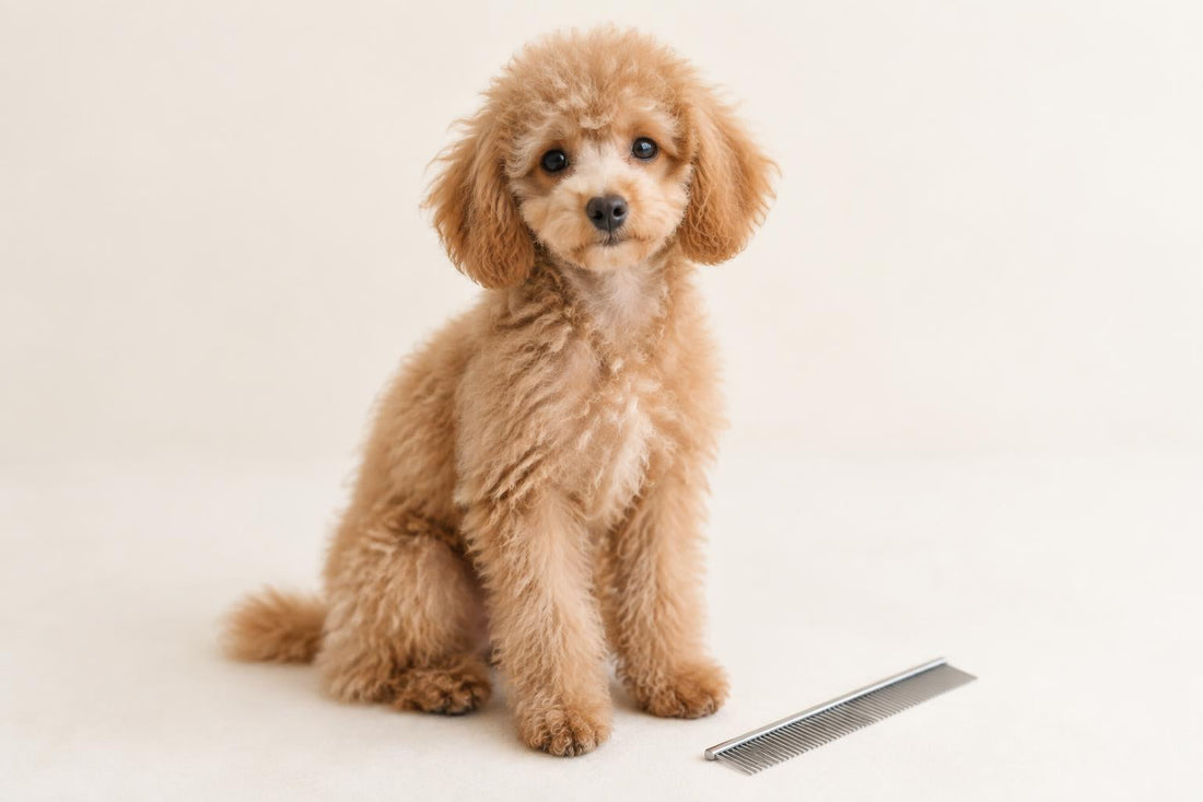 Young apricot toy poodle with a fluffy, growing-out coat next to a metal comb.