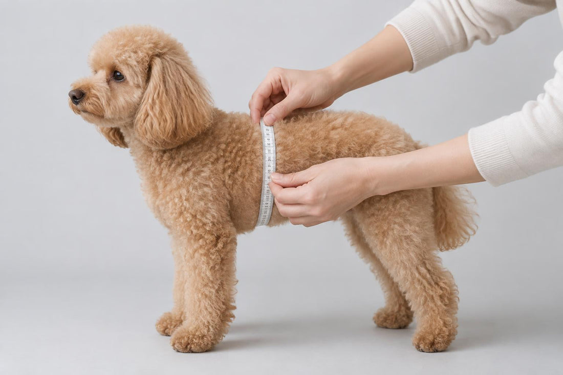 Measuring a fluffy dog’s chest just behind the front legs.