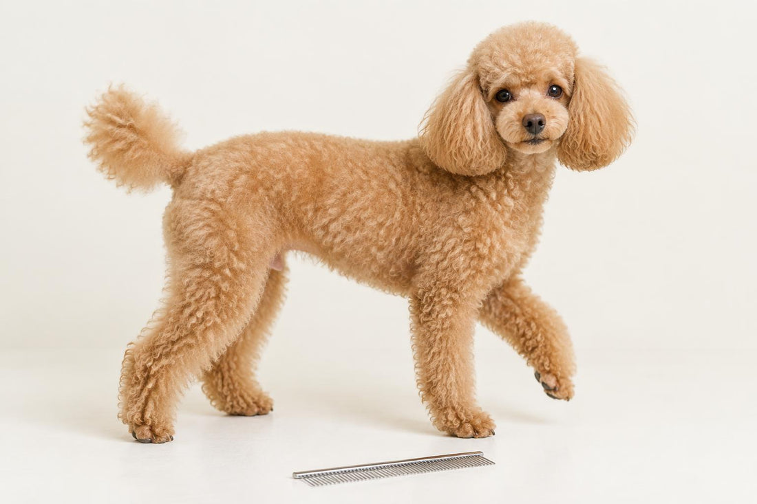 Apricot toy poodle standing in side view with one front paw lifted, a metal comb on the surface in front of him.